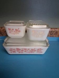 PYREX PINK GOOSEBERRY REFRIGERATOR DISHES w/Lids SET of 3 ~ 501 -502-503 - Picture 1 of 17