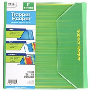 New Mead TRAPPER KEEPER Green 1.5" 3 Ring Binder - Vertical Pockets Snap Closure