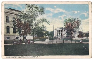 Menschen auf Bank WASHINGTON SQUARE Charleston South Carolina Postkarte WB 1920 - Bild 1 von 2