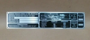 M116A2 MILITARY 3/4 TON CARGO TRAILER IDENTIFICATION PLATE 9905-01-147-5863 - Bild 1 von 1