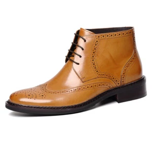 Bottines habillées en cuir véritable pour hommes chaussures formelles pointe d'aile brogues à lacets - Photo 1/17