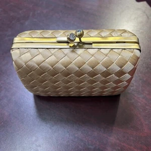 Franchi Hardcase Evening Clutch Bag Woven Gold Satin - Hidden Metal Chain - Picture 1 of 7