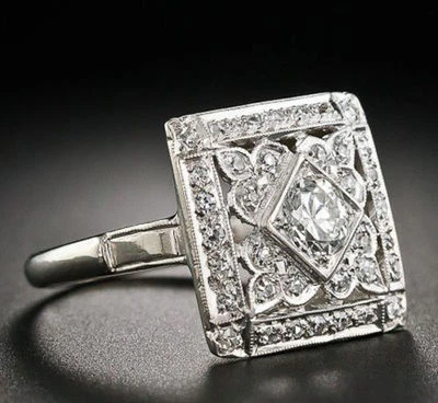 Art Deco Ring Vintage Style Solid 925 Sterling Silver Jewelry For Women White - Image 1 of 4