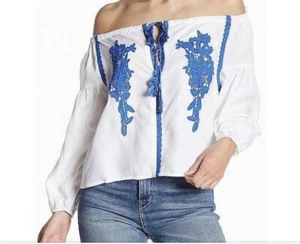 Line & Dot Womens Blue Floral Embroidered Off the Shoulder Top Shirt XS Peasant - Picture 1 of 8