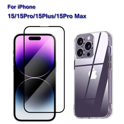 For iPhone 15 Plus Pro Max Tempered Glass Screen Protector Shockproof Clear Case - Image 1 of 4