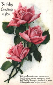 Vintage Pink Roses Birthday Greeting Postcard, Battersea S.W, c1917 - Picture 1 of 2
