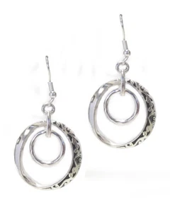 Designer Style Textured Double Hoop Drop SilverTone Pierced Wire Earrings  - Picture 1 of 1
