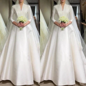 Elegant Long Sleeves Wedding Dresses V Neck Muslim White Ivory Satin Bridal Gown - Picture 1 of 10