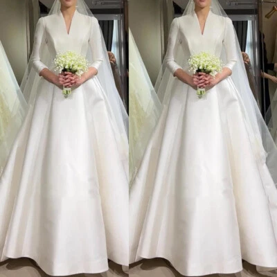 Simple Satin Wedding Dresses V Neck Long Sleeves A Line White/Ivory Bridal Gown - Image 1 of 4