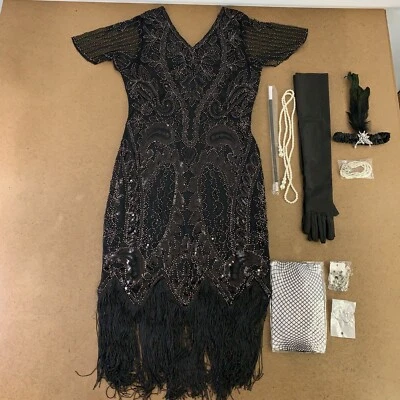 女式中号黑色银色亮片条纹飘逸连衣裙和配件 9 件  — 第 1/4 张图片
