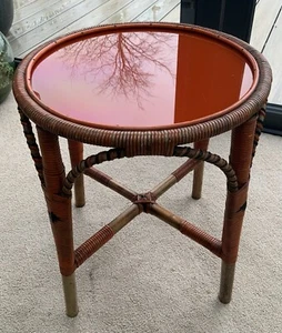 Vintage Bamboo Rattan Glass Topped Coffee Side Table Orange Glass - Picture 1 of 15