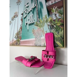 Call It Spring Neon Hot Pink Silver Chain Faux Leather Slides Sandals Size 11 - Picture 1 of 8