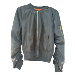 Love Tree Bomber Jacket Ruched Sleeve Stylish Lightweight Coat Black Large - Picture 1 of 6