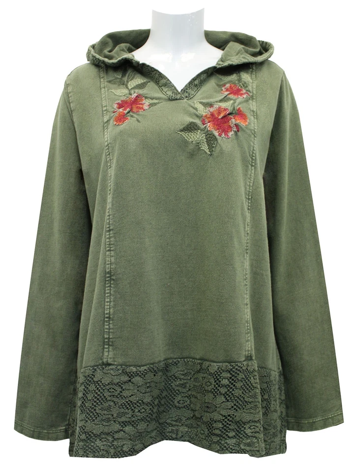 Coldwater Creek Top Sweatshirt hooded plus size 14 16 18 20 22 24 green floral - Image 1 of 4