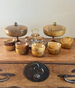Vintage MCM Oregon Myrtlewood Hostess Serving Set 16 Piece Wood Grain - Picture 1 of 21