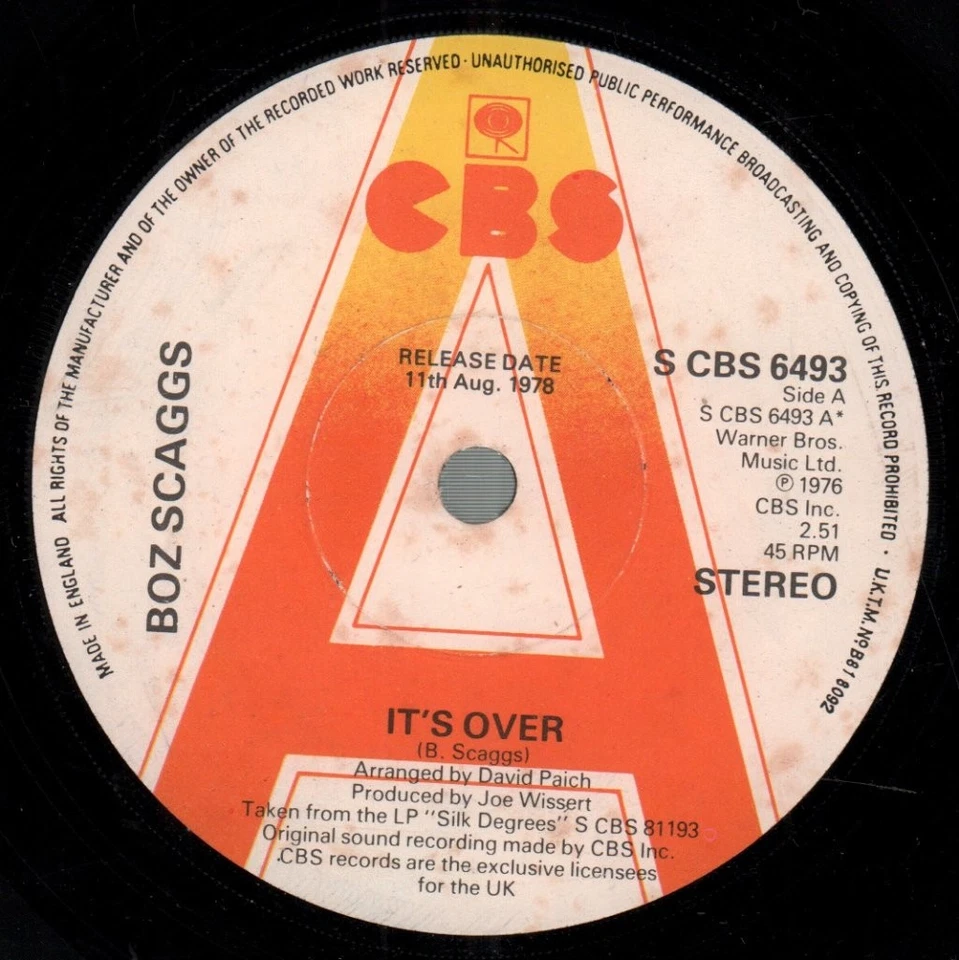 Boz Scaggs It's Over 7" vinyl UK Cbs 1976 Promo b/w love me tomorrow. staining - Image 1 of 2