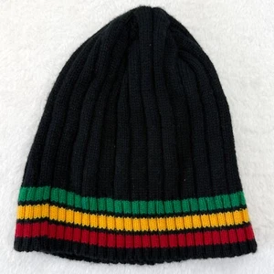 Rasta Striped Knit Beenie Hat Black with Green Yellow Red - Imagen 1 de 3