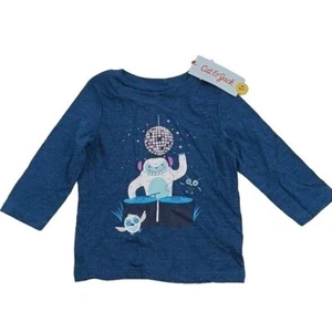Cat & Jack Holiday T Shirt Baby Boy Size 12 Months Long Sleeve Blue Yeti DJ - Picture 1 of 4