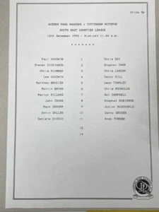 1992/93 Queens Park Rangers V Tottenham Hotspur reservas 12-12-1992 sec liga - Imagen 1 de 1