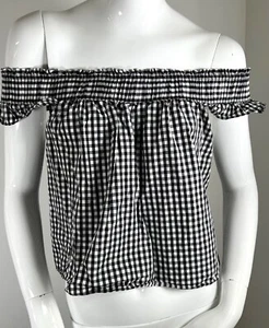GUESS SCHWARZ-WEISS KARIERTES TOP BLUSE SCHULTERFREI RÜSCHE ÄRMELLOS, MEDIUM - Bild 1 von 6