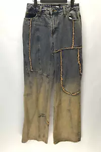 FashionNova Belmont jeans tinta unita larghi donna 5 bordi sfilacciati blu immersi gamba larga - Foto 1 di 16