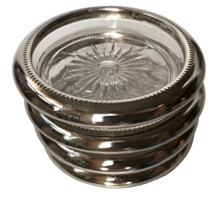 Vtg MCM Set of 4 Leonard Italy Silver Plated Rim Star Cut Glass Coasters - Picture 1 of 15
