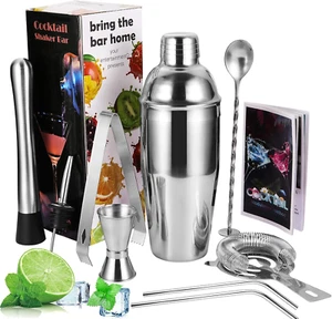 Boston Cocktail Shaker 750ML, 9 Pcs Kit Da Barman, Set Completo Di Strumenti Pro - Foto 1 di 12