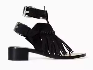 ZARA DONNA sandali alla caviglia neri in pelle con frange scarpe 36 NUOVI $100 - Foto 1 di 3