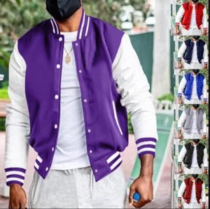 Men's Youth Fashion Two Tone Stand Collar Fleece Short Baseball Jacket Coat 2504 - Picture 1 of 18