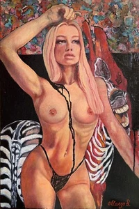 EROTIC MODERN ART NUDE FEMALE PINUP GIRL ORIGINAL OIL PAINTING by Margo Leonard - Picture 1 of 1