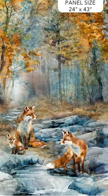 Panel 24" X 43" Zorro Den Zorros Árboles Río Rocas Animales Tela de Algodón D482.73 Foto 1 de 1