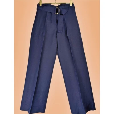 Ann Taylor 女式 10P 海军蓝宽腿腰带亚麻易护理混纺裤子 — 第 1/4 张图片