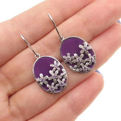 925 Sterling Silver Enamel Real Amethyst Flower Dangle Earrings - Image 1 of 4