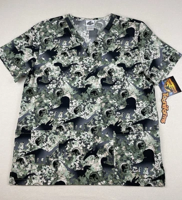 Jurassic World Cherokee Tooniforms Unisex LARGE Scrub Top Short Sleeve Dinosaur - Image 1 of 4