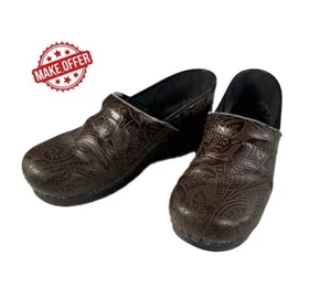 Dansko Brown Embossed Floral Professional Tooled Slip-On Clogs | 42 10.5 -11 - Picture 1 of 15