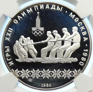 1980 MOSCOW Russia Olympics RUSSIAN Tug of War Proof Silver 10R NGC Coin i106561 - Picture 1 of 5