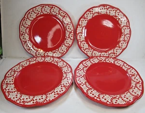 Pioneer Woman Betsy Set of 4 10.5" Dinner plates Bright Red Lacey White Unused? - Picture 1 of 12