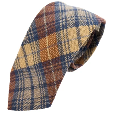 Gravata BERKLEY bronzeada, azul aço e laranja xadrez curta/adolescente 56 pol. x 3 pol. - Imagem 1 de 4