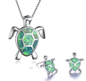 Green Fire Opal Turtle Necklace Earrings Sterling Silver 925 SP Gift Set🎁 USA - Picture 1 of 2