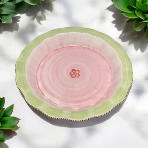Franciscan Flora Hand Painted Earthenware Pie Plate Ruffled Edge Mint Green Pink - Picture 1 of 13