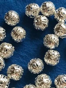 Round filigree hollow beads, Silver plated metal alloy, 4,6,8,10 & 12mm - Picture 1 of 2