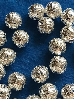 Round filigree hollow beads, Silver plated metal alloy, 4,6,8,10 & 12mm