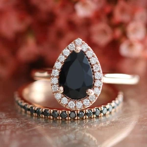 2 Ct Pear Simulated Black Diamond Women's Bridal Ring Set 14K Rose Gold Plated - Picture 1 of 12