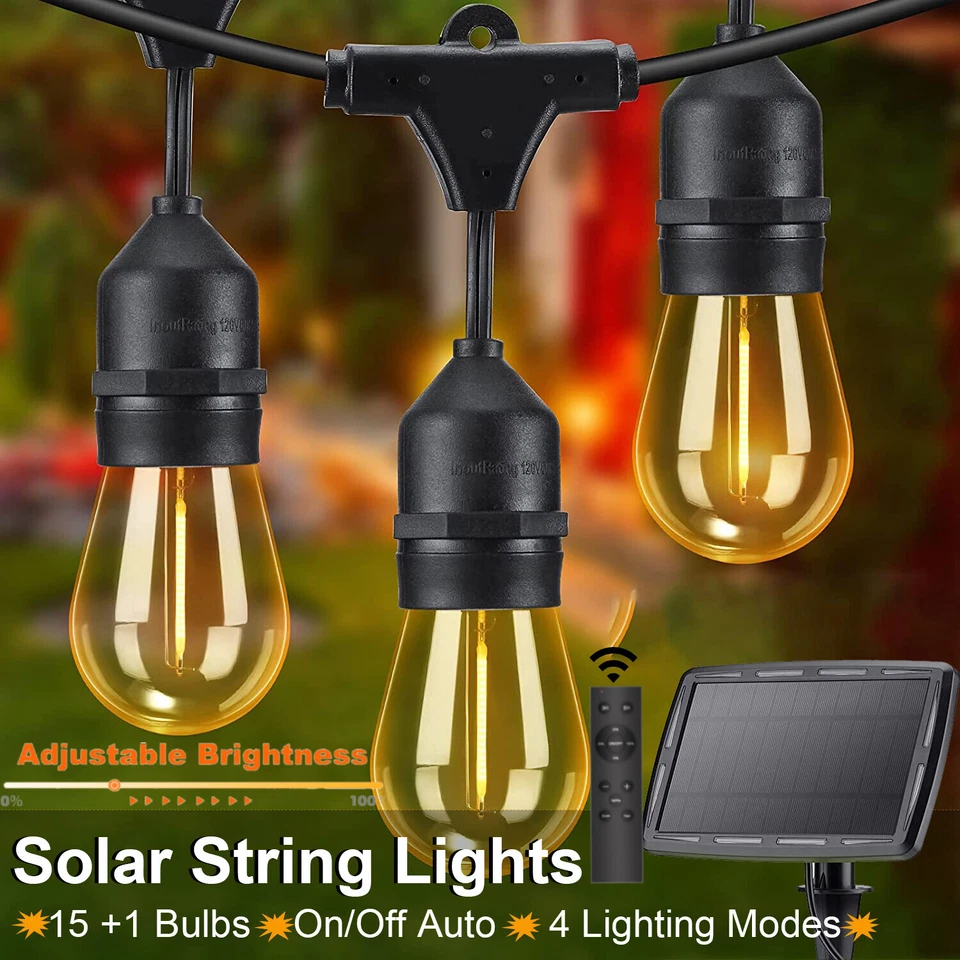 48FT/15M Dimmable Solar String Lights Outdoor 15+1 Led Bulbs Pergola Bistro Deck - image 1 of 4