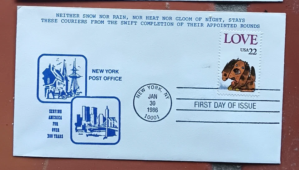 LOVE STAMP  1986 PUPPY DOG MAILMAN'S CREDO NEW YORK CITY CACHET FDC UNADD - Image 1 of 1