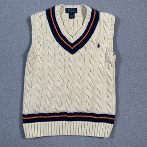POLO RALPH LAUREN Jungen adretter V-Ausschnitt Zopfmuster Pullover Weste beige marineblau Größe 7 - Bild 1 von 8