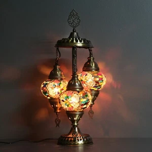 Turkish Lamp, 3 Globe Turkish Table lamp, Mosaic Moroccan Desk Lighting, Asylove - Picture 1 of 54
