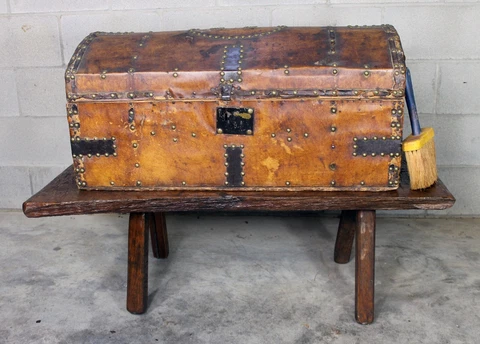 Antique Leather & Hide Covered Dome Top Trunk Cover