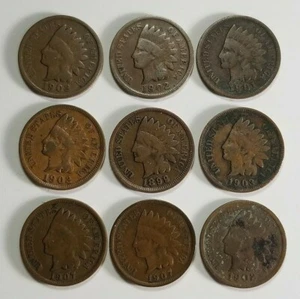 Lot of NINE INDIAN HEAD CENTS Small Penny GOOD+ 1899 1902 1903 1907 1901 - Picture 1 of 8