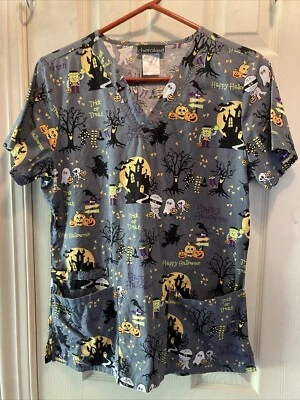 Cherokee Medical Scrub Smock Top Women's M Happy Halloween Pediatrics Pockets - Image 1 of 4
